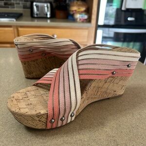 Lucky Brand Mykayla Cork Wedge Sandals Pink Coral Women’s Size 10